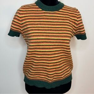 Cider Nostalgic 70s inspired Green Orange stripe short sleeve crew neck sweater
